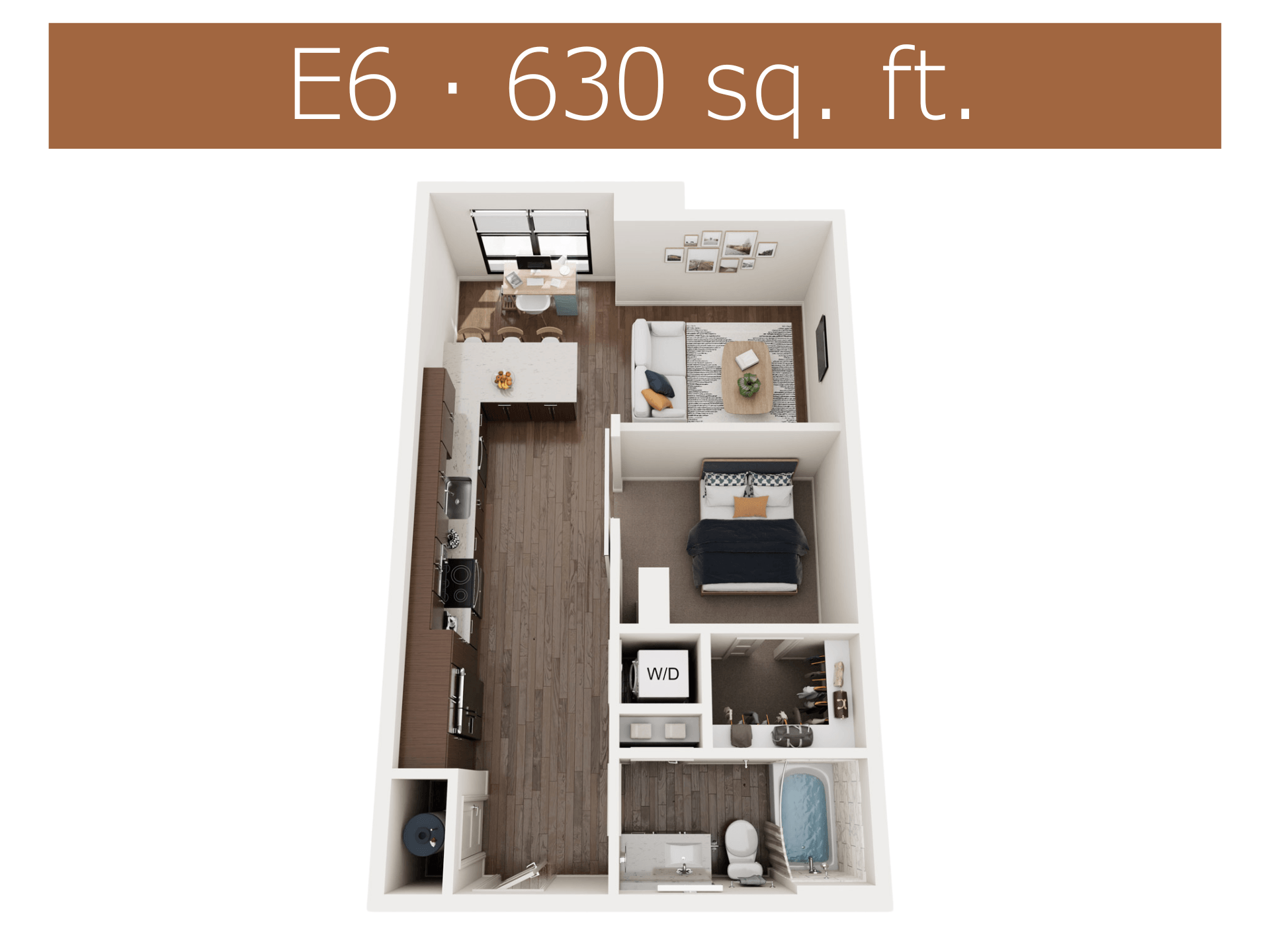Floor plan for 1 bed, 1 bath, 630 sqft